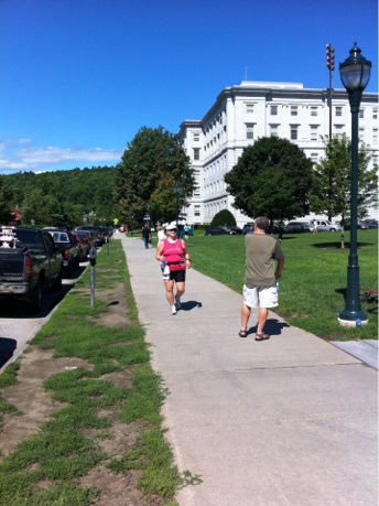 This is me at the end of the race, running up State Street in Montpelier about to arrive at the State House.