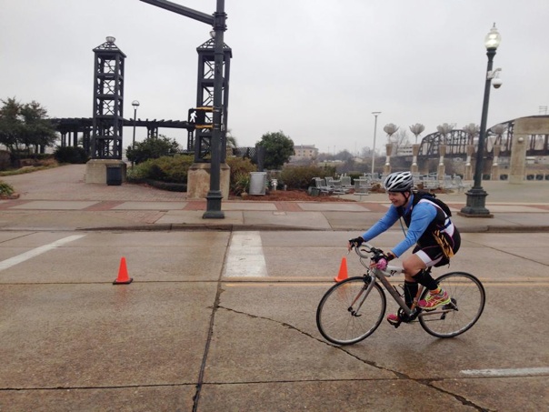 Rounding the final turn on the bike course at the Frost Yer Fanny Duathlon in  Shreveport, LA
